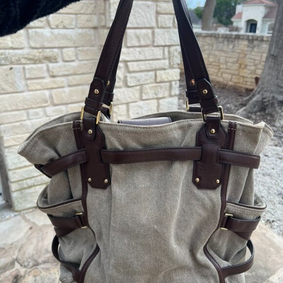 MICHAEL KORS Gansevoort Natural Hemp Canvas Mocha Brown Leather Shoulder Bag - Picture 2 of 9